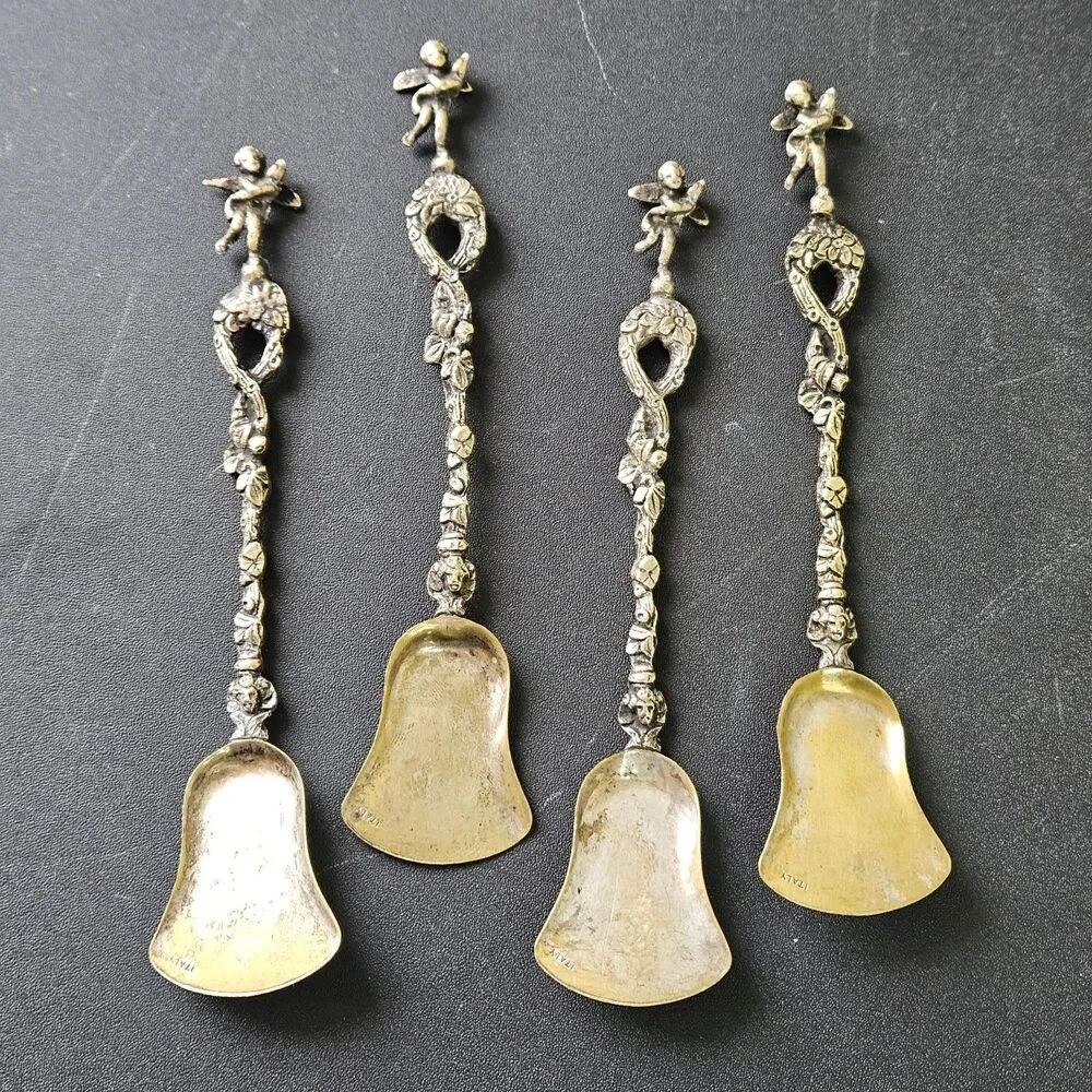 Set of 4 Vintage Italian Cherub Shovel Spoons Brass Toned Putti Angel Italy